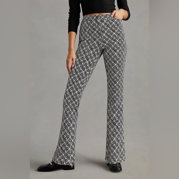 Anthropologie Maeve Mid-Rise Flare Black White Geometric Stretch Pants